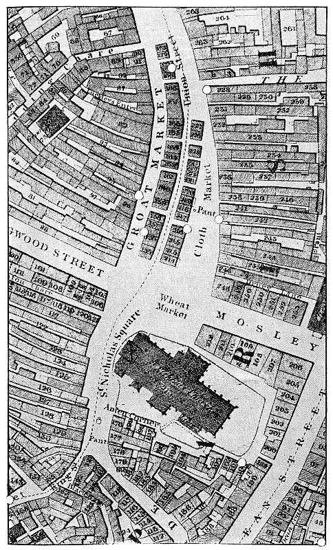 英国泰恩河畔纽卡斯尔大教堂周边市场地图- 19世纪
